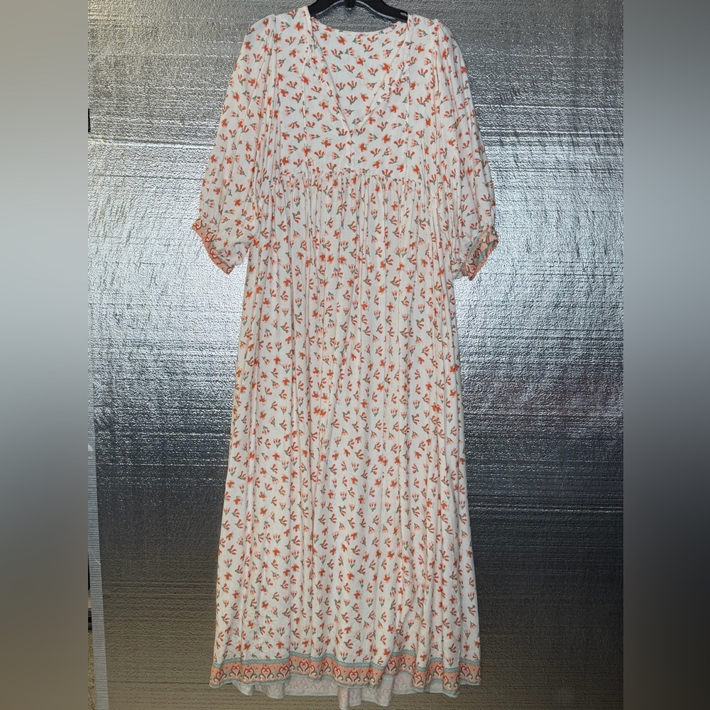 White and Orange Floral BoHo Country Maxi Dress